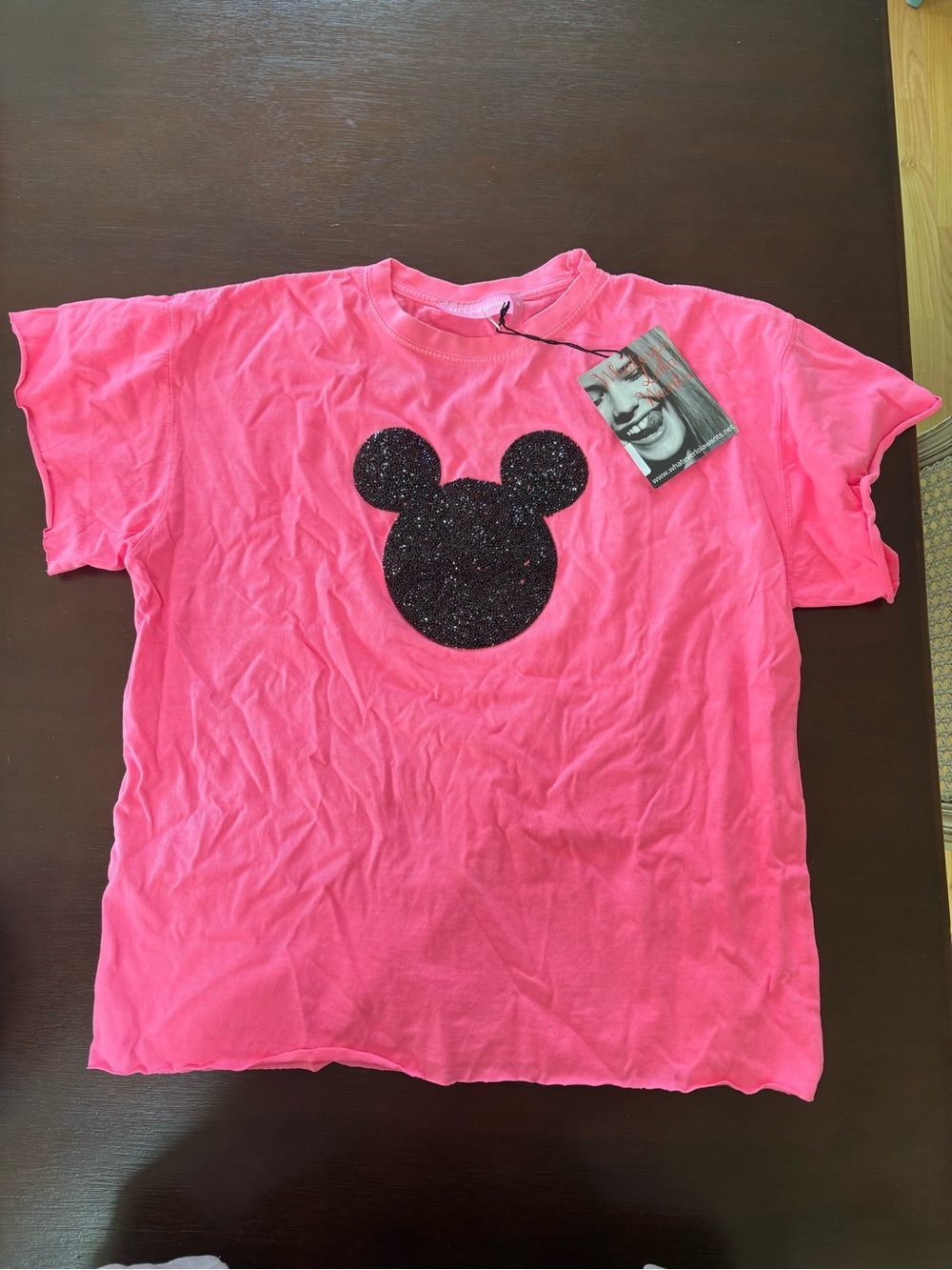 Bright Pink Short Sleeve Tee with Black Glitter Mickey Mouse Graphic